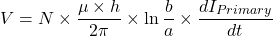 \ begin {arearation *} v = n \ times \ frac {\ mu \ times h} {2 \ pi} \ times \ ln \ frac {b} {a} \ times \ frac {di_ {migin}} {dt}\结束{等式*}