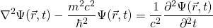 \ begin {等式*} \ nabla ^ 2 \ psi（\ vec {r}，t） -  \ frac {m ^ 2c ^ 2} {\ hbar ^ 2} \ psi（\ vec {r}，t）= \frac{1}{c^2} \frac{ {\partial^2{\Psi(\vec{r}, t)}}  }{\partial^2{t}} \end{equation*}