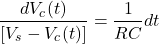 \ begin {aligne *} \ frac {dv_c（t）} {[v_s  -  v_c（t）]} = \ frac {1} {rc} dt \ neg {alight *}