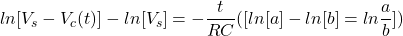 \ begin {aligne *} ln [v_s  -  v_c（t）]  -  ln [v_s] =  -  \ frac {t} {rc}（[ln [a]  -  ln [b] = ln \ frac {a} {b}]）\结束{align *}