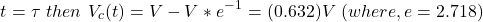 \ begin {aligne *} t = \ tau \，\，然后\，\，\，v_c（t）= v  -  v * e ^  -  ^ 1 =（0.632）v \，\，（其中，e = 2.718）\，\，\结束{align *}