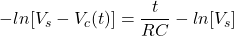 \{对齐*}开始ln (V_s V_c (t)) = \压裂{t} {RC} - ln (V_s)结束\{对齐*}