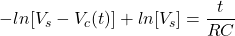 \{对齐*}开始ln (V_s V_c (t)) + ln (V_s) = \压裂{t} {RC} \{对齐*}结束
