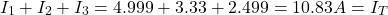 \begin{align*} I_1 + I_2 + I_3 = 4.999 + 3.33 + 2.499 = 10.83 A = I_T \end{align*}