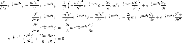 \ begin {aligne *} \ frac {{\ partial ^ 2 {}} {\ partial ^ 2 {x}} e ^ { -  \ frac {i} {\ hbar} mc ^ 2t} \ psi  -  \ frac {m ^ 2c ^ 2} {\ hbar ^ 2} e ^ { -  \ frac {i} {\ hbar} mc ^ 2t} \ psi＆= \ frac {1} {c ^ 2} \ left（ -  \ frac {米^2c^4}{\hbar^2} e^{-\frac{i}{\hbar}mc^2t}\psi  -  \frac{2i}{\hbar}mc^2e^{-\frac{i}{\hbar}mc^2t}\frac{\partial \psi}{\partial t}  \right) + e^{-\frac{i}{\hbar}mc^2t}\frac{\partial \psi}{\partial t}\\ \frac{ {\partial^2{}}  }{\partial^2{x}}e^{-\frac{i}{\hbar}mc^2t} \psi &=  \frac{m^2c^2}{\hbar^2} e^{-\frac{i}{\hbar}mc^2t} \psi -\frac{m^2c^2}{\hbar^2} e^{-\frac{i}{\hbar}mc^2t}\psi - \frac{2i}{\hbar}me^{-\frac{i}{\hbar}mc^2t}\frac{\partial \psi}{\partial t} + e^{-\frac{i} {\hbar}mc^2t}\frac{\partial^2 \psi}{\partial t^2}\\ \frac{ {\partial^2{}}  }{\partial^2{x}}e^{-\frac{i}{\hbar}mc^2t} \psi &= -\frac{2i}{\hbar}me^{-\frac{i}{\hbar}mc^2t}\frac{\partial \psi}{\partial t} \\ e^{-\frac{i}{\hbar}mc^2t}\left( \frac{ {\partial^2{\psi}}  }{\partial^2{x}} +\frac{2im}{\hbar}\frac{\partial \psi}{\partial t} \right) &= 0 \end{align*}